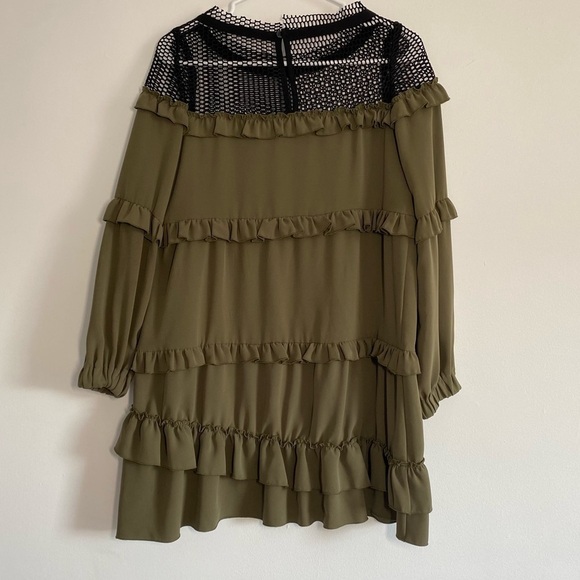 David Naman Italian Designer Green Mini Ruffle Dress with Mesh and Long Sleeves - Picture 2 of 13